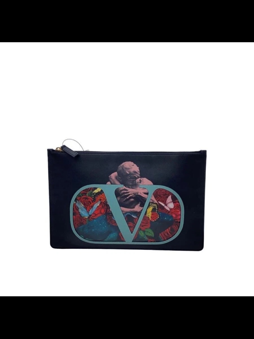 Valentino Garavani Black Floral V Logo Clutch